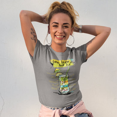 Smiling woman wearing our dark heather t-shirt with Long Island Iced Tea sketched on it