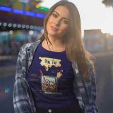 Load image into Gallery viewer, Good looking woman wearing our navy blue t-shirt with Mai Tai sketched on it