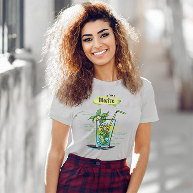 Smiling woman wearing our sport grey t-shirt for women with Mojito sketched on it