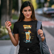 Load image into Gallery viewer, Smiling woman wearing our black t-shirt with Tequila Sunrise cocktail sketched on it